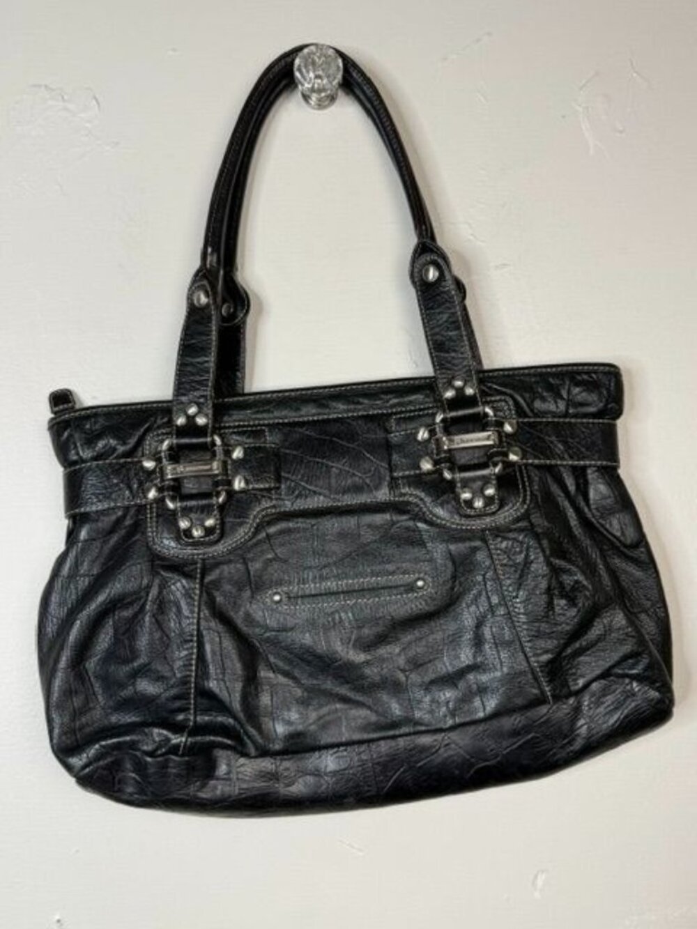 B. Makowsky Black Leather Double Handle Multi Pocket Shoulder Bag Purse - Picture 4 of 7